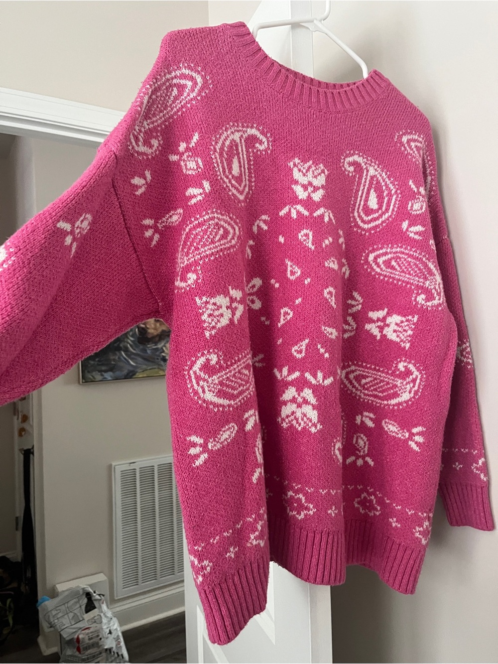 American Eagle Pink Paisley Pattern Crewneck Sweater